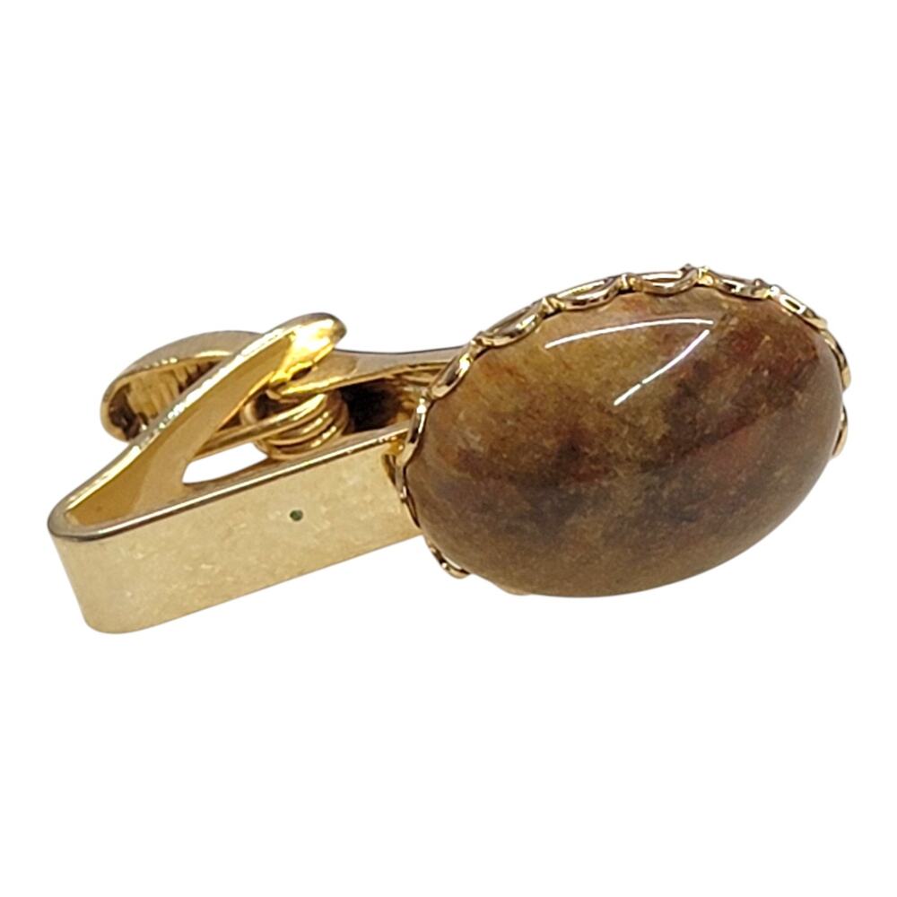 Vintage Gold Tone Brown Jasper Agate Stone Oval Cabochon Tie Clip Clasp Bar